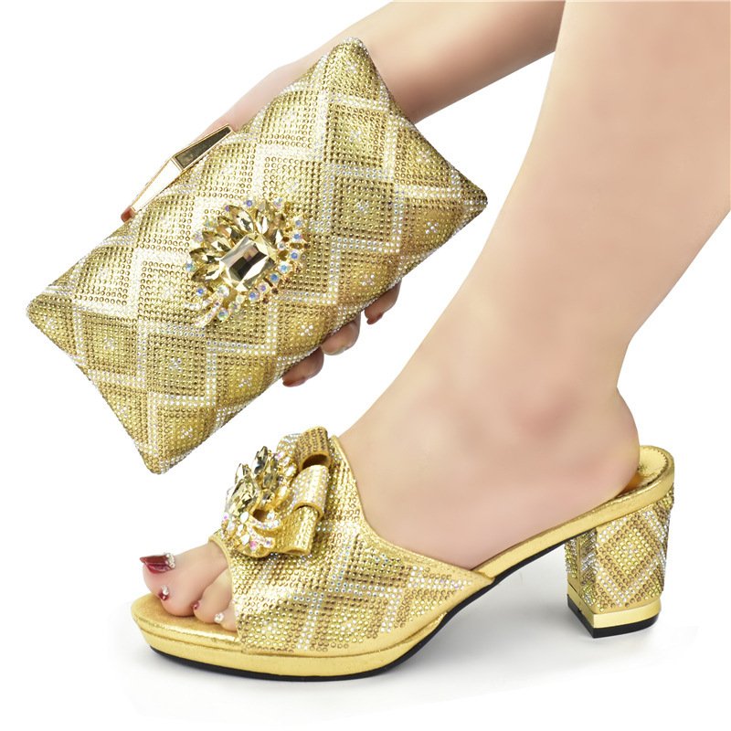 European And American Shoes And Bags Set Solid Color Rhinestone Sandals With Clutch - Image 3