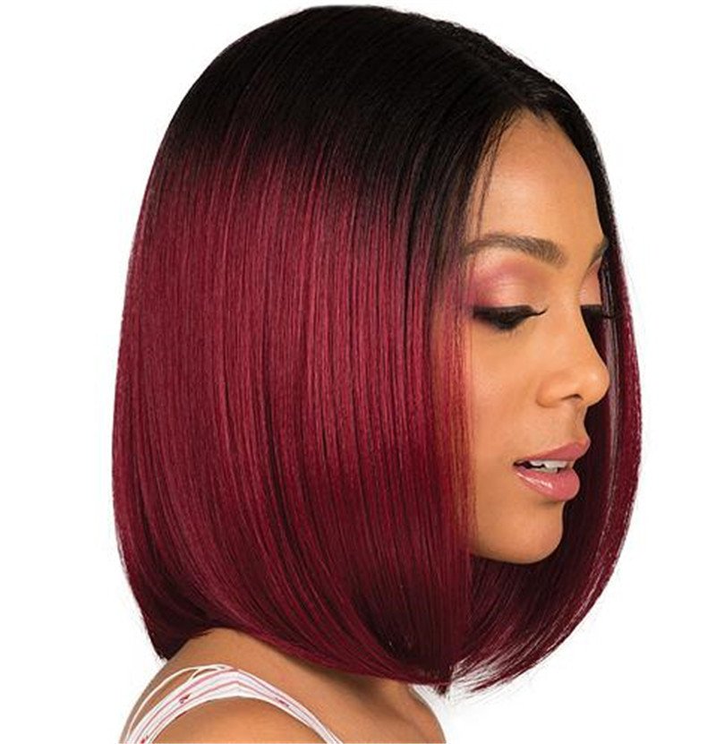 Women's Short Straight Hair, Black Gradient Burgundy Bobo Short Hair - Image 4