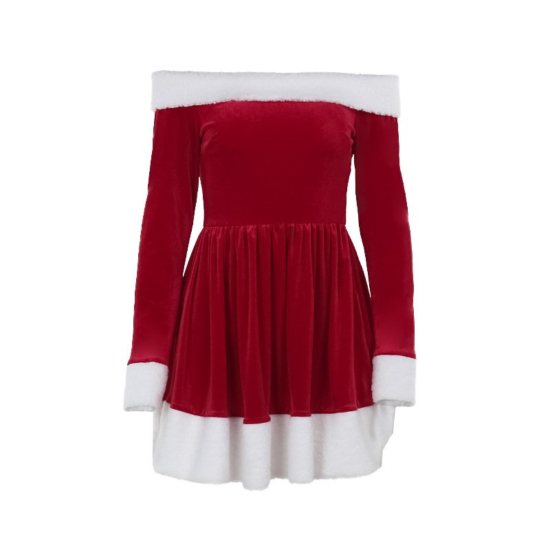 Women's Christmas Costume Santa Dress Plush Trim Boat-Neck Off-Shoulder Sleeve Dress New Year Party Cosplay Costume - Image 5