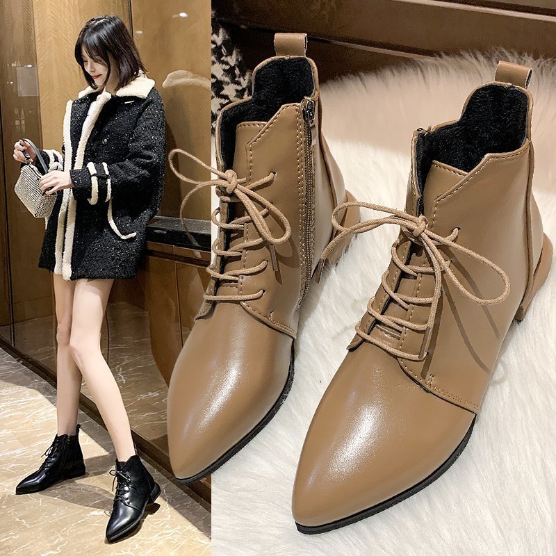 Women's Ankle Boots British Style Thick And Pointed Toe Low Heel Short Boots PU Leather Simple Comfortable - Image 2
