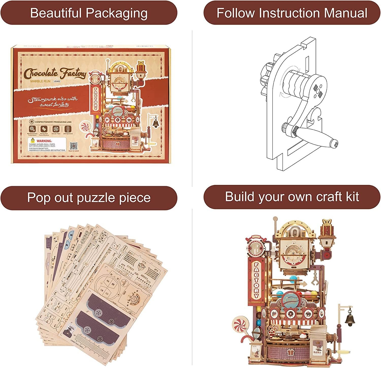 Robotime ROKR Marble Chocolate Factory 3D Wooden Puzzle Games Assembly Model Building Toys For Children Kids Birthday Gift - Image 6