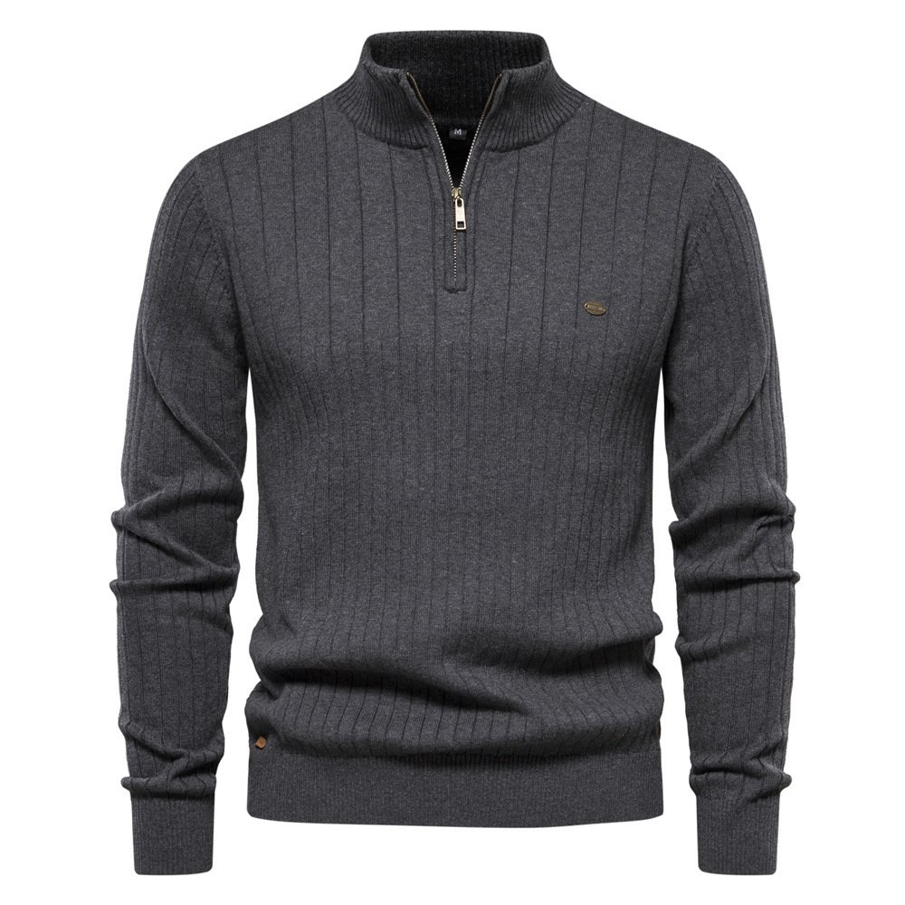 Men's Stand Collar Sweater Fashion Half-zipper Solid Color Striped Knit Sweater High Quality Slim Fit Top Clothing - Image 2