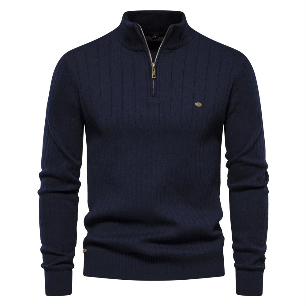 Men's Stand Collar Sweater Fashion Half-zipper Solid Color Striped Knit Sweater High Quality Slim Fit Top Clothing - Image 6