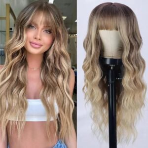 26 Inch Long Ash Blonde Wig With Bangs Natural Wavy Hair - Perfect For Daily Wear And Middle Part Style