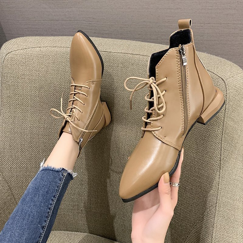 Women's Ankle Boots British Style Thick And Pointed Toe Low Heel Short Boots PU Leather Simple Comfortable - Image 4