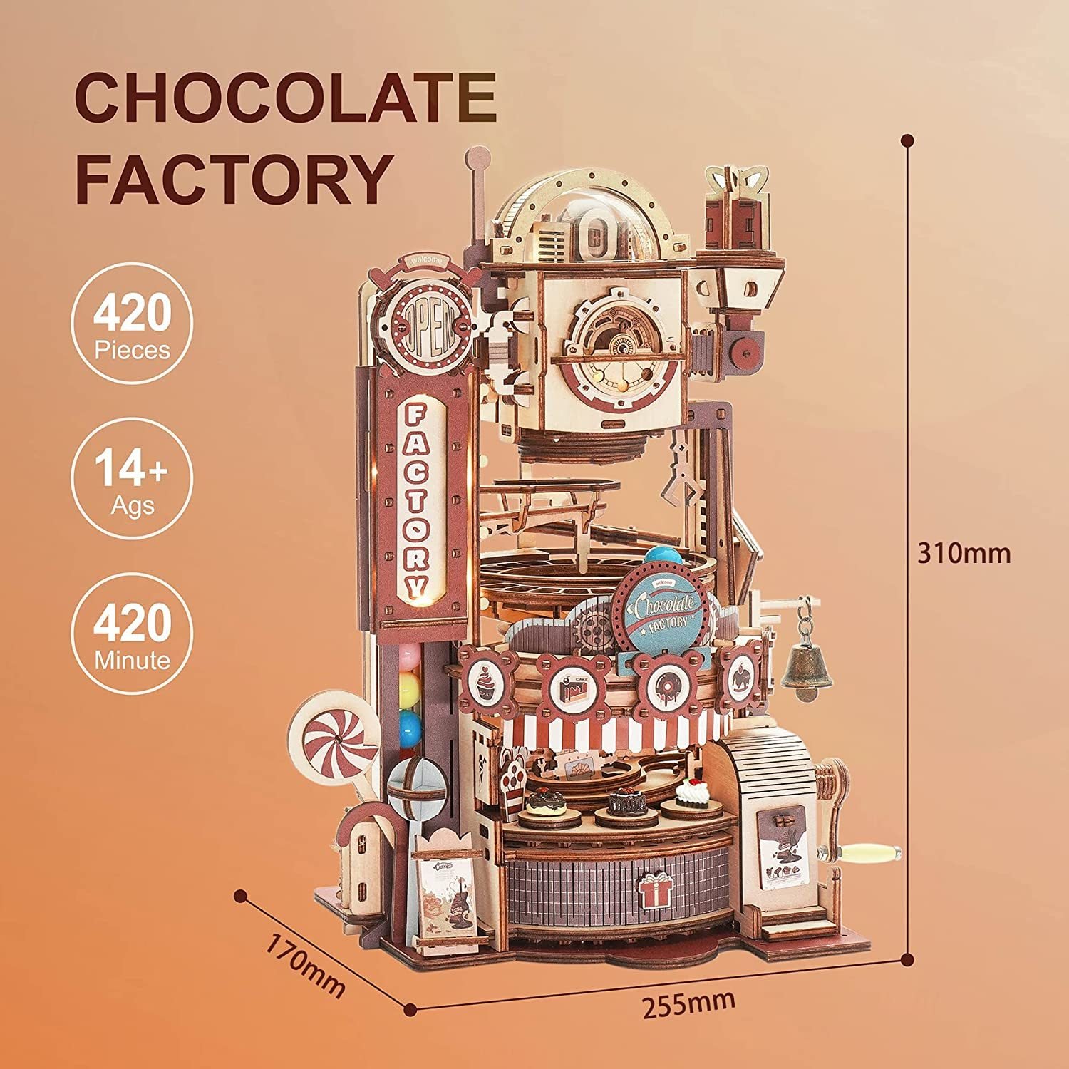 Robotime ROKR Marble Chocolate Factory 3D Wooden Puzzle Games Assembly Model Building Toys For Children Kids Birthday Gift - Image 4