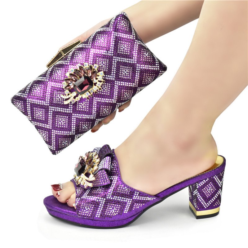 European And American Shoes And Bags Set Solid Color Rhinestone Sandals With Clutch - Image 2