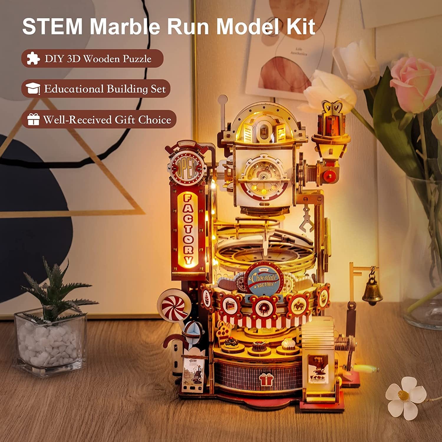 Robotime ROKR Marble Chocolate Factory 3D Wooden Puzzle Games Assembly Model Building Toys For Children Kids Birthday Gift - Image 8