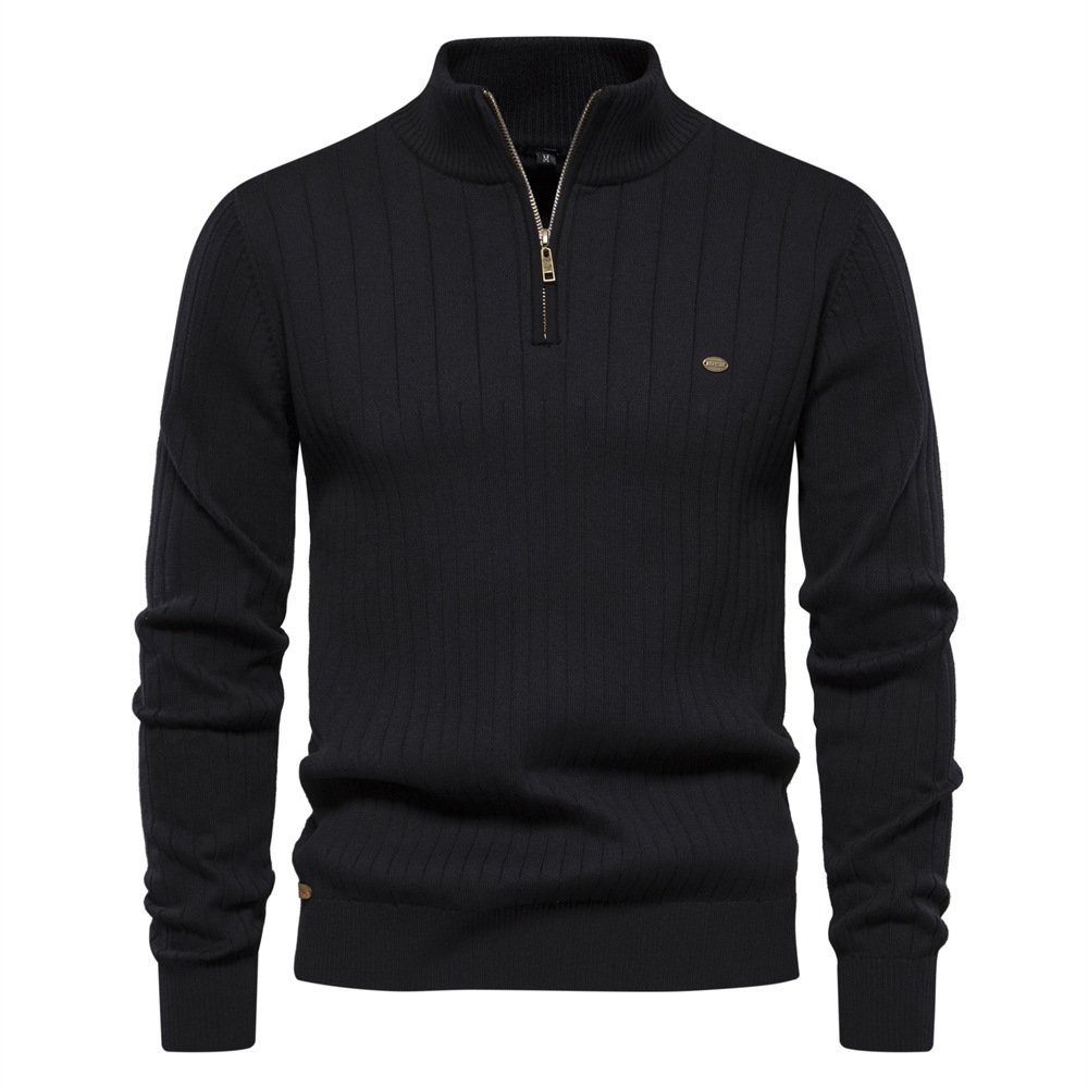 Men's Stand Collar Sweater Fashion Half-zipper Solid Color Striped Knit Sweater High Quality Slim Fit Top Clothing - Image 5