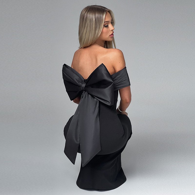 Elegant Slim-fit Bow Off-shoulder Dress For Women - Image 3