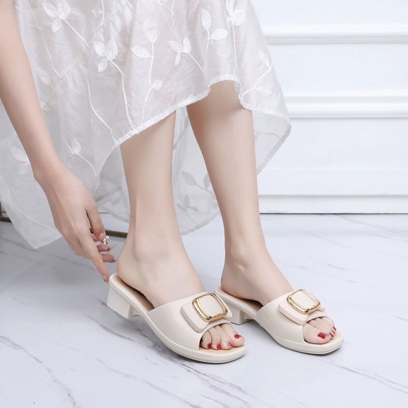 High Heel Slippers Women's 2024 Summer Slippers Korean Style Internet Celebrity Buckle Chunky Heel Lady Mom Slippers Outdoor Beach Shoes - Image 7