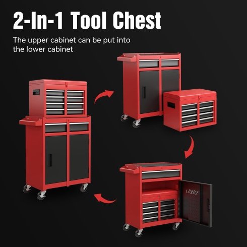 Tool Chest, 5-Drawer Rolling Tool Storage Cabinet With Detachable Top Tool Box, Liner, Universal Lockable Wheels, Adjustable Shelf, Locking Mechanism, Metal Tool Cart For Garage Workshop - Image 3