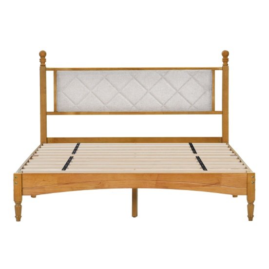 Wooden Bed Frame With Upholstered Headboard In Fabric, Solid Rubberwood With Wooden Central Support