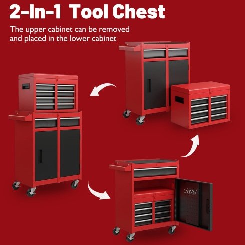 Tool Chest, 5-Drawer Rolling Tool Storage Cabinet With Detachable Top Tool Box, Liner, Universal Lockable Wheels, Adjustable Shelf, Locking Mechanism, Metal Tool Cart For Garage Workshop - Image 7