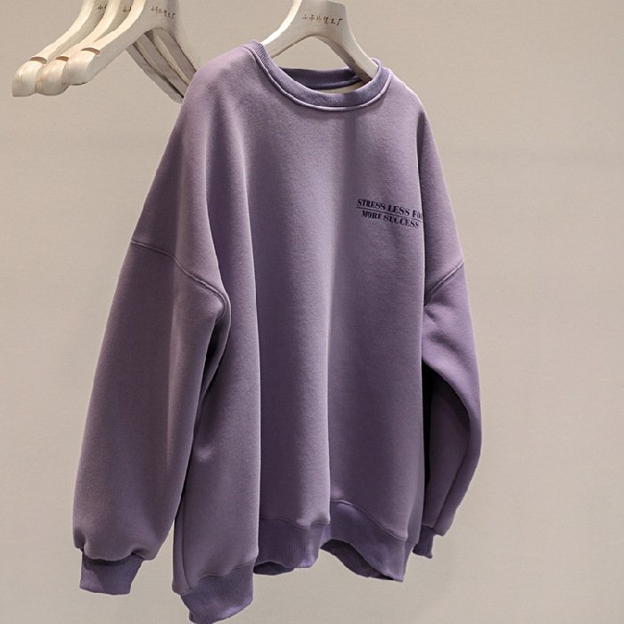 Fleece-lined Thick Lazy Round Neck Loose Sweatshirt Women - Image 4