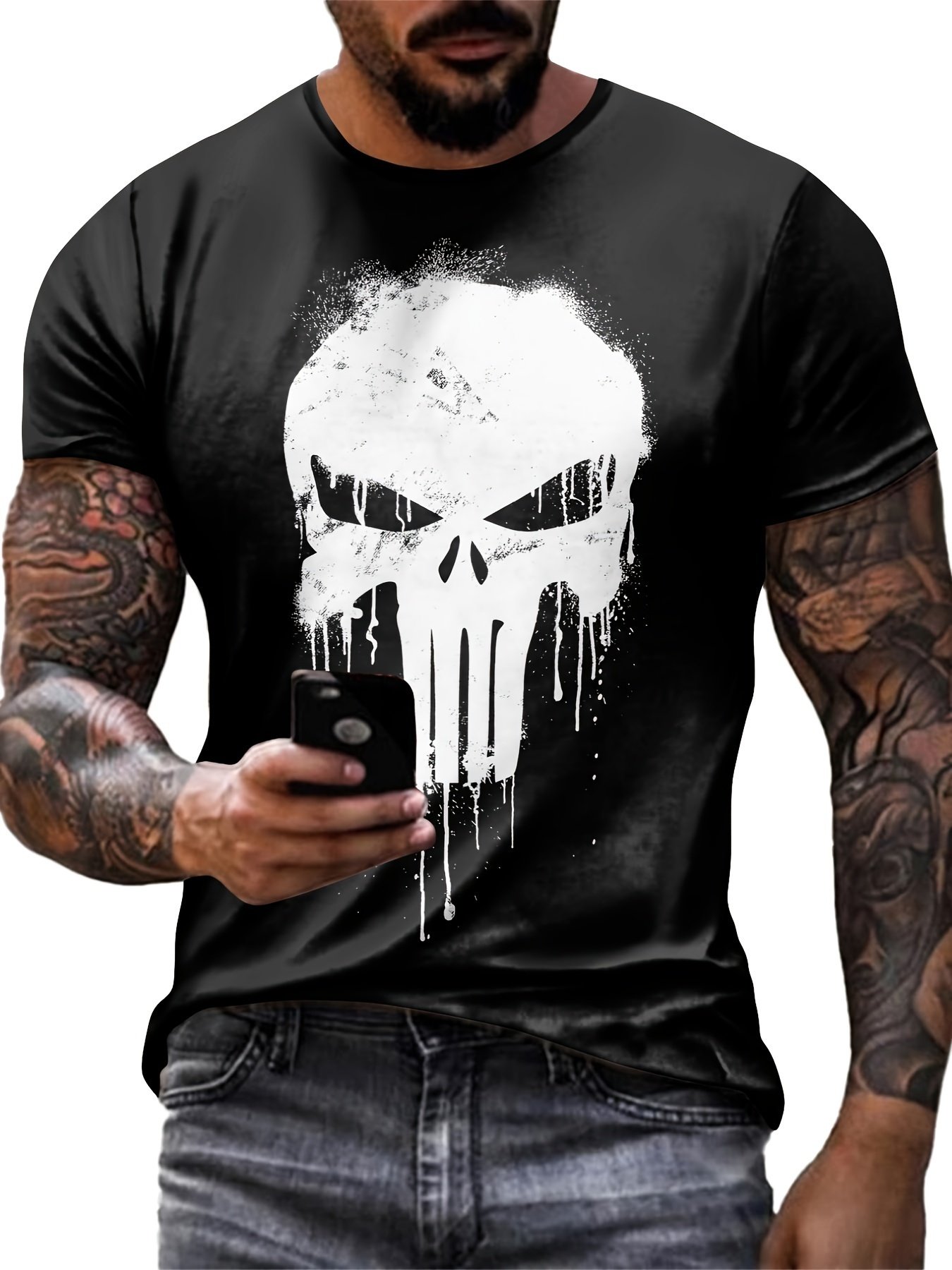 Men's Skull Print T-shirt, Casual Short Sleeved Round Neck T-shirt, Outdoor Men's Clothing - Image 6