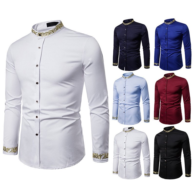 Gold Embroidery White Shirt Men Brand New Stand Collar Mens Dress Shirts Casual Slim Long Sleeve Chemise Homme Camisa Masculina - Image 2