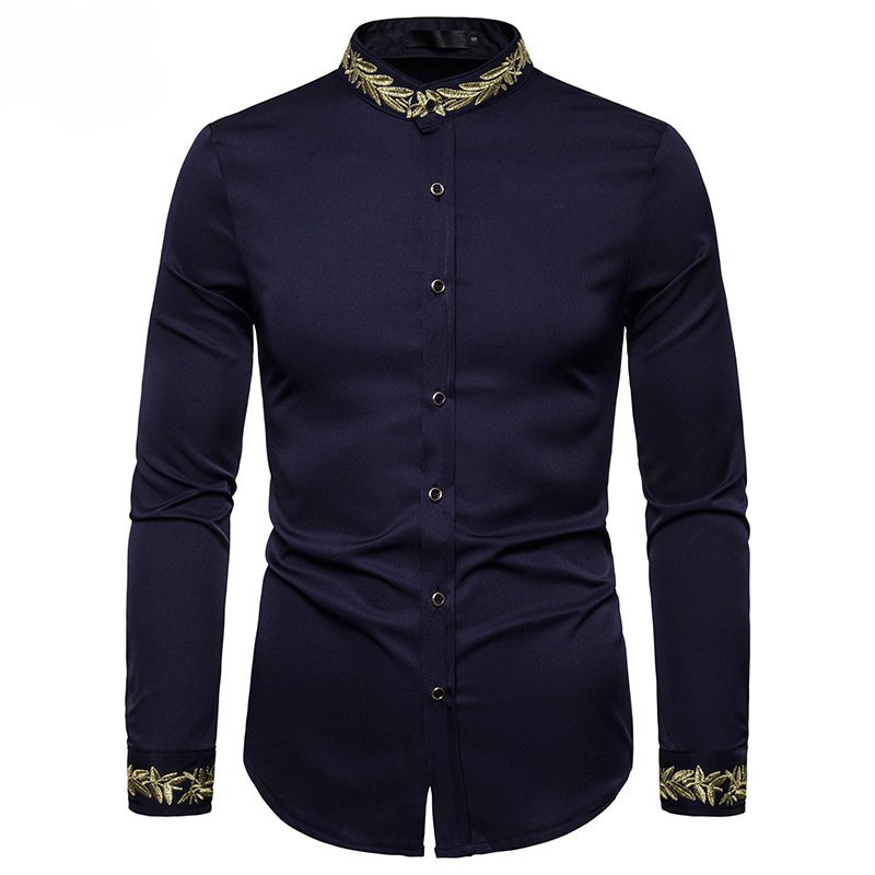 Gold Embroidery White Shirt Men Brand New Stand Collar Mens Dress Shirts Casual Slim Long Sleeve Chemise Homme Camisa Masculina - Image 3