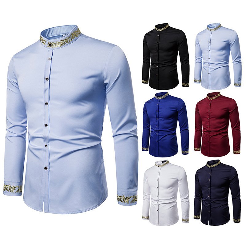 Gold Embroidery White Shirt Men Brand New Stand Collar Mens Dress Shirts Casual Slim Long Sleeve Chemise Homme Camisa Masculina - Image 6