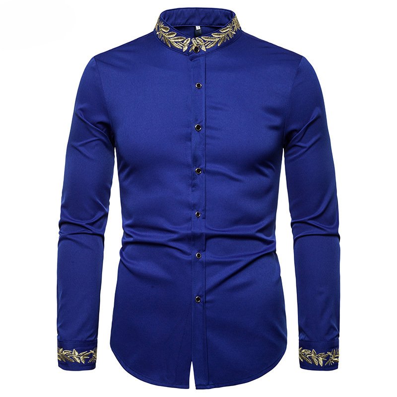 Gold Embroidery White Shirt Men Brand New Stand Collar Mens Dress Shirts Casual Slim Long Sleeve Chemise Homme Camisa Masculina - Image 9
