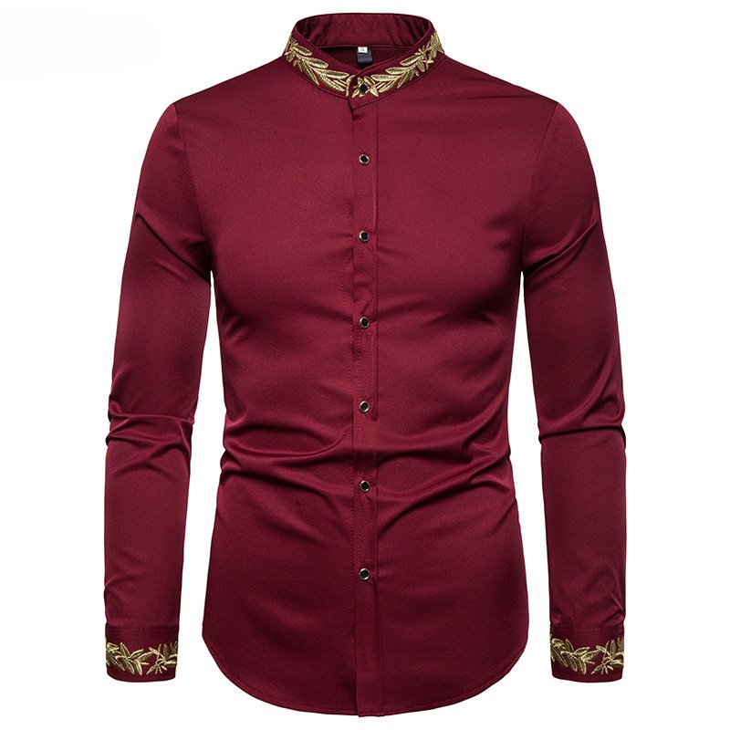 Gold Embroidery White Shirt Men Brand New Stand Collar Mens Dress Shirts Casual Slim Long Sleeve Chemise Homme Camisa Masculina - Image 5
