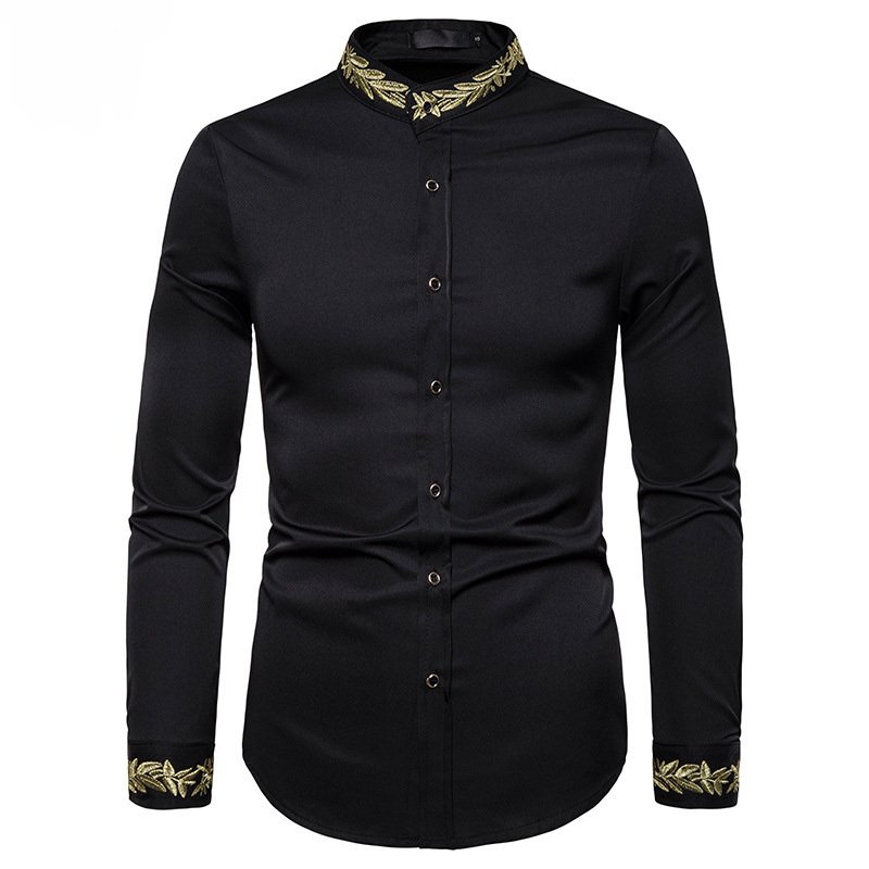 Gold Embroidery White Shirt Men Brand New Stand Collar Mens Dress Shirts Casual Slim Long Sleeve Chemise Homme Camisa Masculina - Image 4