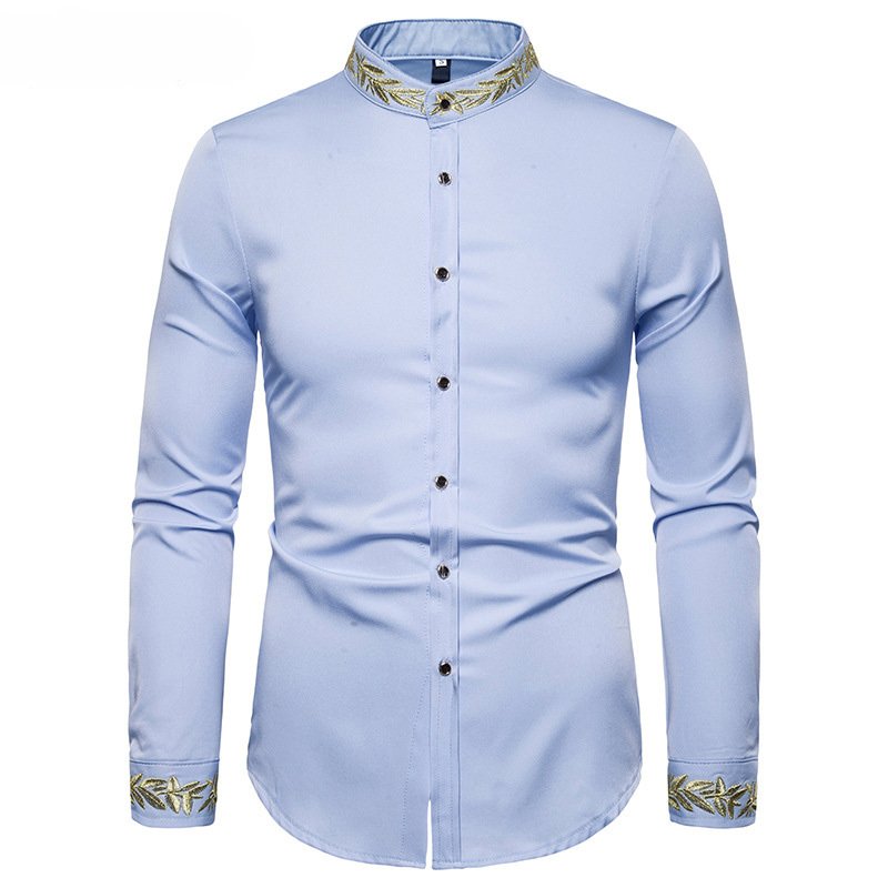 Gold Embroidery White Shirt Men Brand New Stand Collar Mens Dress Shirts Casual Slim Long Sleeve Chemise Homme Camisa Masculina - Image 8