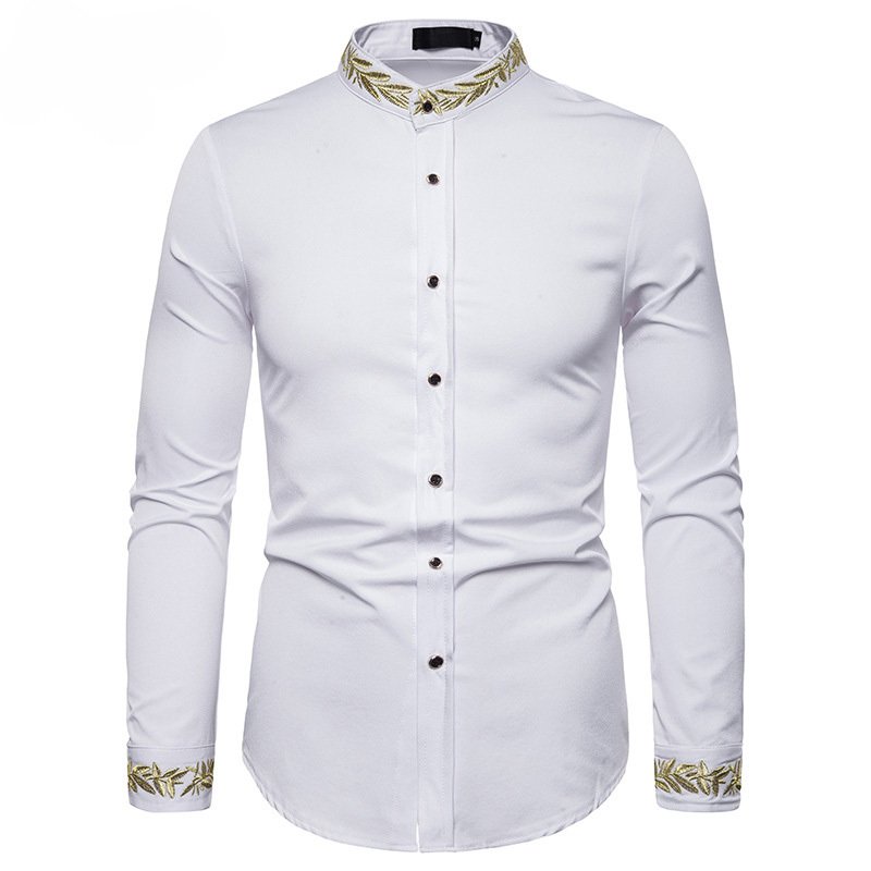 Gold Embroidery White Shirt Men Brand New Stand Collar Mens Dress Shirts Casual Slim Long Sleeve Chemise Homme Camisa Masculina - Image 7