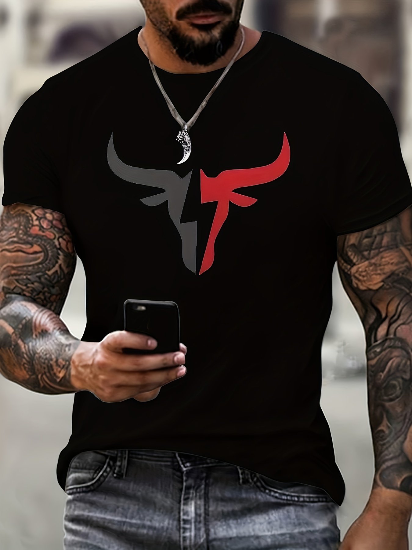 Men's Bull Pattern Printed T-shirt, Casual Short Sleeve Round Neck T-shirt, Summer Outdoor Men's Wear