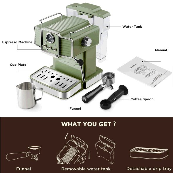 15 Bar Espresso Coffee Machine With Milk Frother Steam Wand, 1350W Professional Coffee Maker, 54 Oz Removable Water Tank Espresso Maker Cappuccino, Latte, Machiato, Green, For Home Barista - Image 6