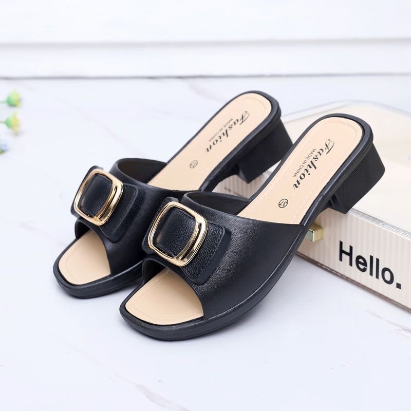 High Heel Slippers Women's 2024 Summer Slippers Korean Style Internet Celebrity Buckle Chunky Heel Lady Mom Slippers Outdoor Beach Shoes - Image 8
