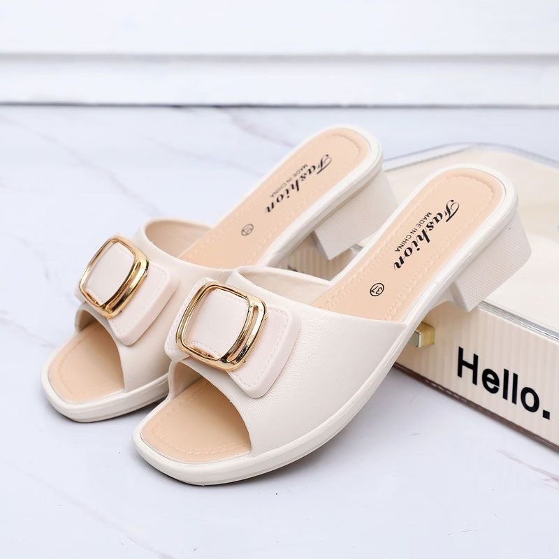 High Heel Slippers Women's 2024 Summer Slippers Korean Style Internet Celebrity Buckle Chunky Heel Lady Mom Slippers Outdoor Beach Shoes - Image 6