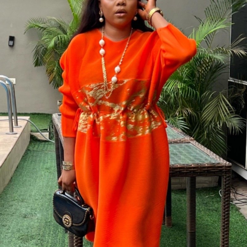 Sanzhai Pleated Plus Size Summer Fashionable Stylish Round Neck Long Sleeve Loose Long Dress - Image 4