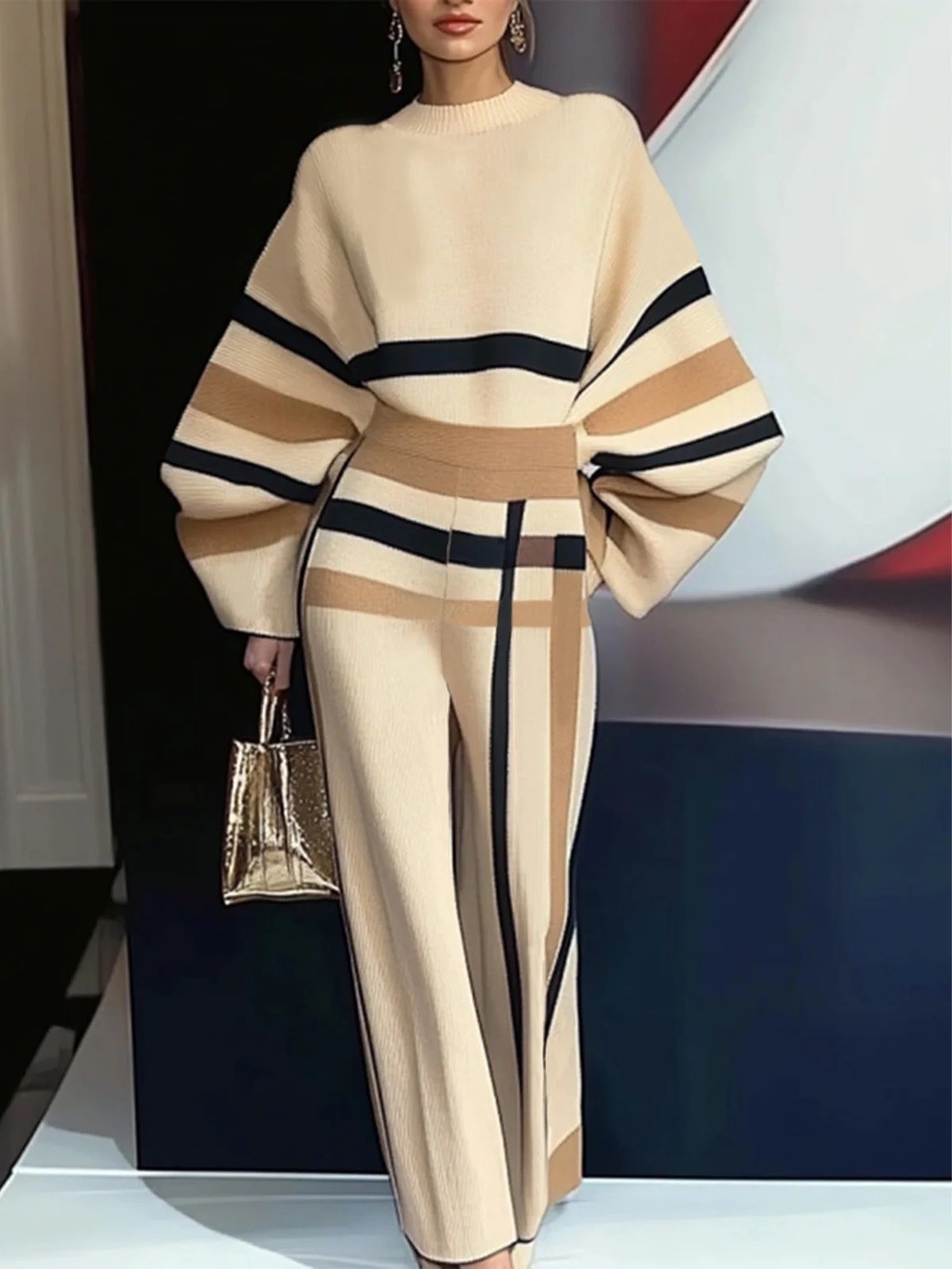 Color-block Crew Neck Women's Pullover Pants Fashion - Image 7