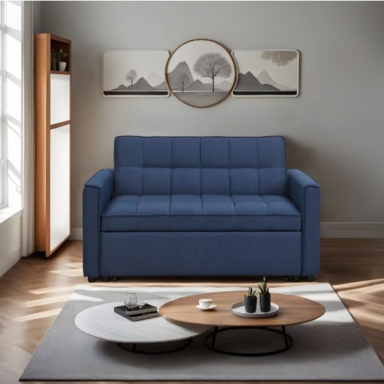 Stylish Blue Pull-Out Sofa Bed With Woven Polyester Fabric & Solid Wood Frame - Image 7