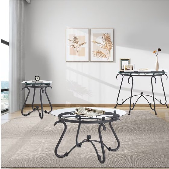 2 Piece Tempered Glass Finished Coffee Table Set With Decorative Coffee Table Round End Side Table - Image 4