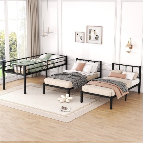 Twin Over Twin Twin Bunk Beds For 3, Twin XL Over Twin Twin Bunk Bed Metal Triple Bunk Bed, Black - Image 2