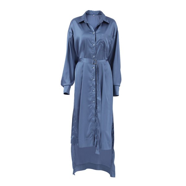 Haze Blue Waist-tight Satin Sexy Slit Dress - Image 4