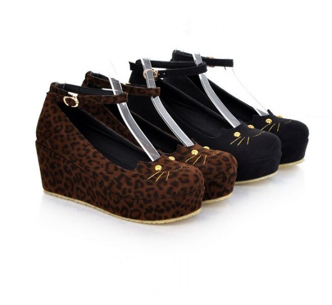 Cat Head Leopard Print Wedge Single Shoes Women Platform Platform Shoes - Image 4