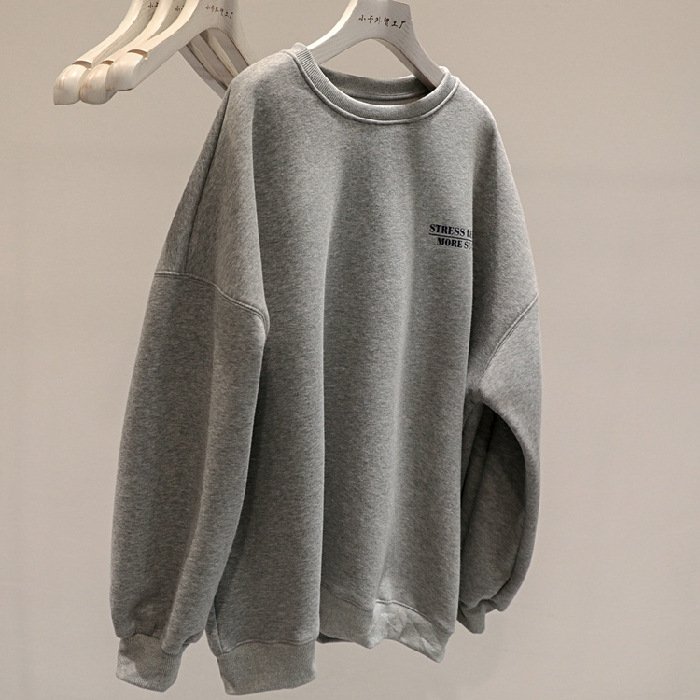 Fleece-lined Thick Lazy Round Neck Loose Sweatshirt Women - Image 5