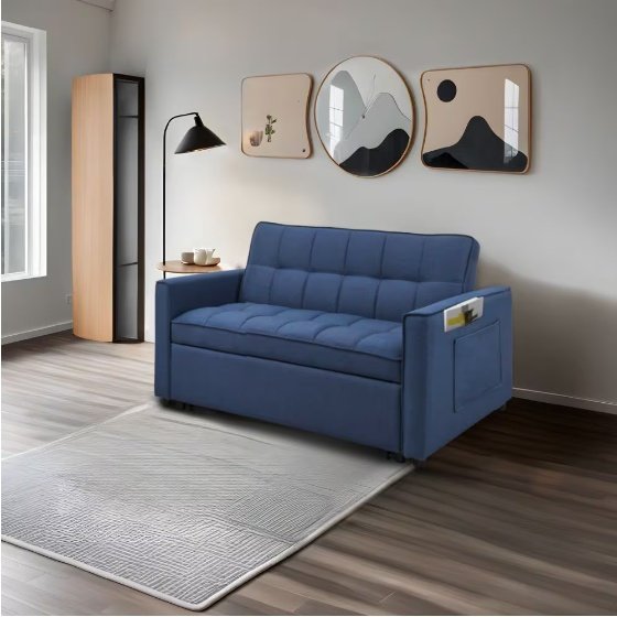 Stylish Blue Pull-Out Sofa Bed With Woven Polyester Fabric & Solid Wood Frame - Image 9