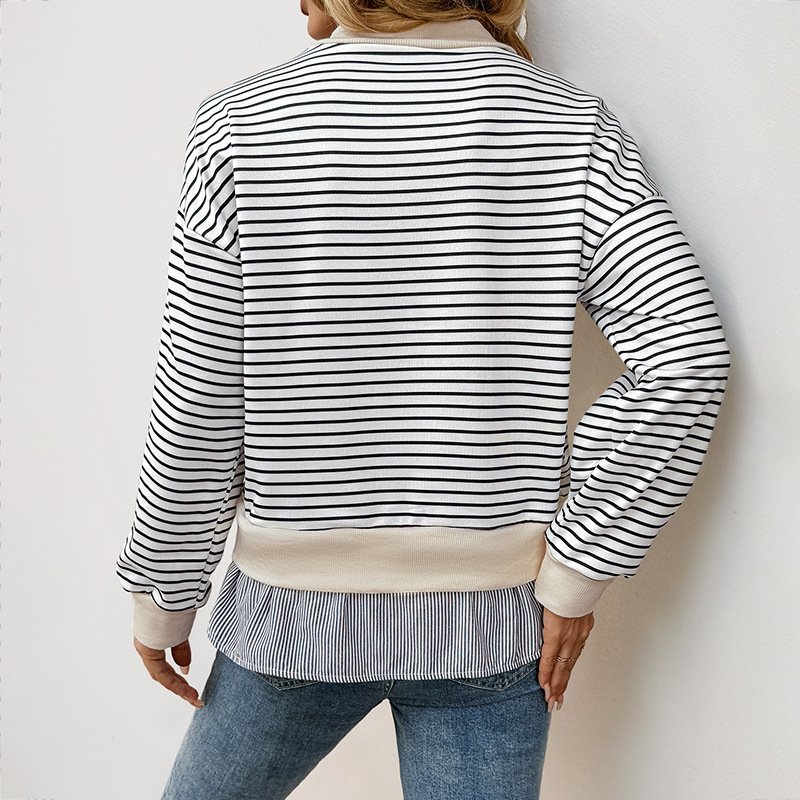 Women's Long-sleeved T-shirt Round Neck Striped Stitching - Image 2