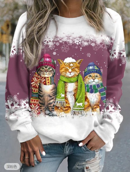 Cross-border Women's Christmas New Snowman And Cat Printed Long Sleeve Casual Loose-fitting T-shirt Christmas Supplies - Image 2