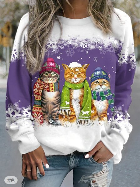 Cross-border Women's Christmas New Snowman And Cat Printed Long Sleeve Casual Loose-fitting T-shirt Christmas Supplies - Image 5