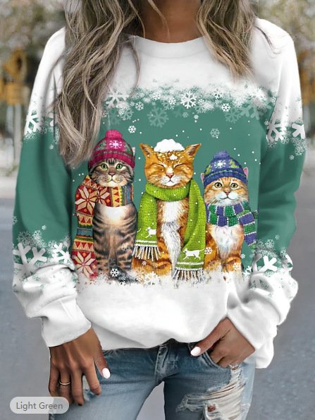 Cross-border Women's Christmas New Snowman And Cat Printed Long Sleeve Casual Loose-fitting T-shirt Christmas Supplies - Image 4