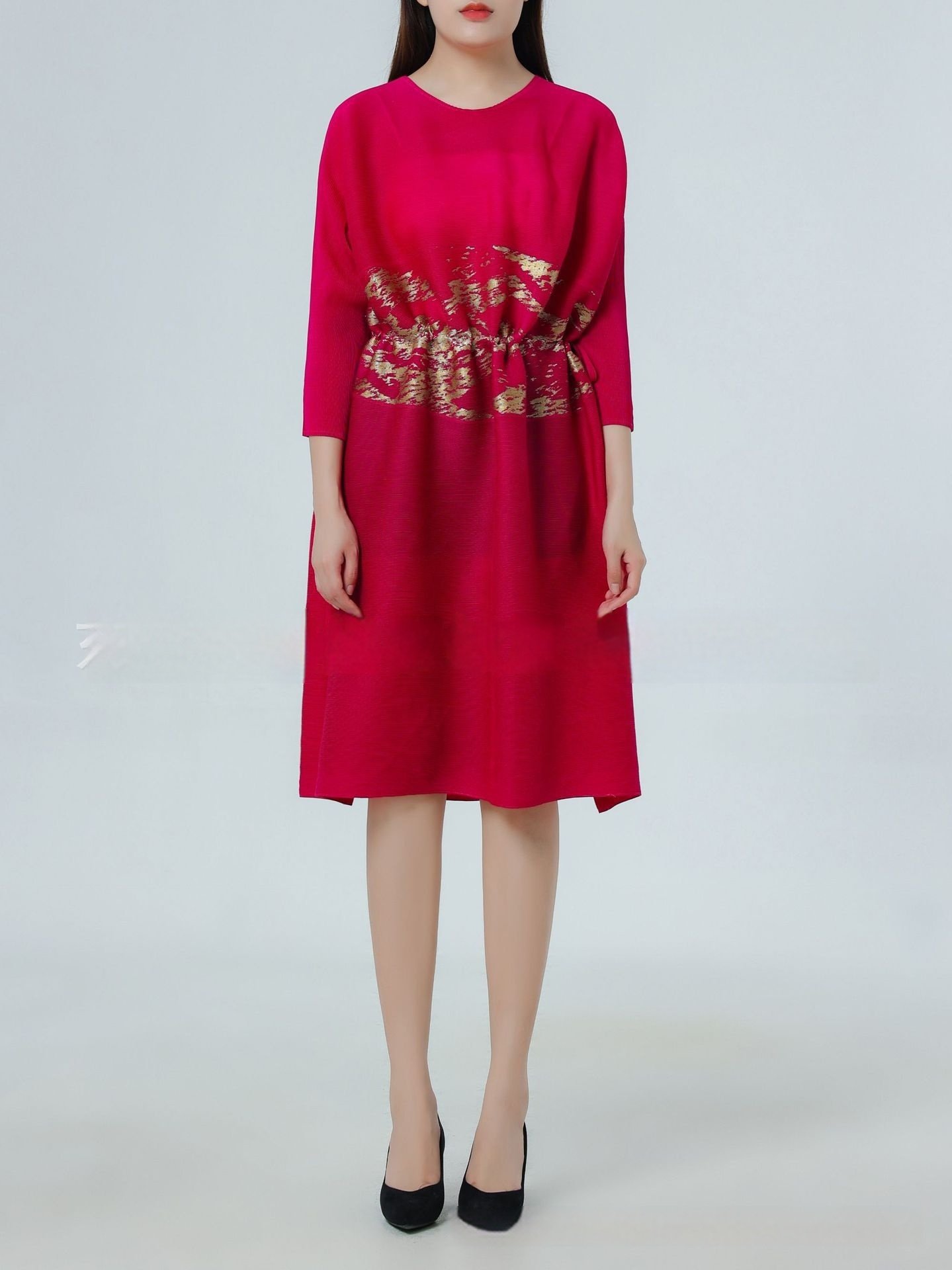 Sanzhai Pleated Plus Size Summer Fashionable Stylish Round Neck Long Sleeve Loose Long Dress - Image 5