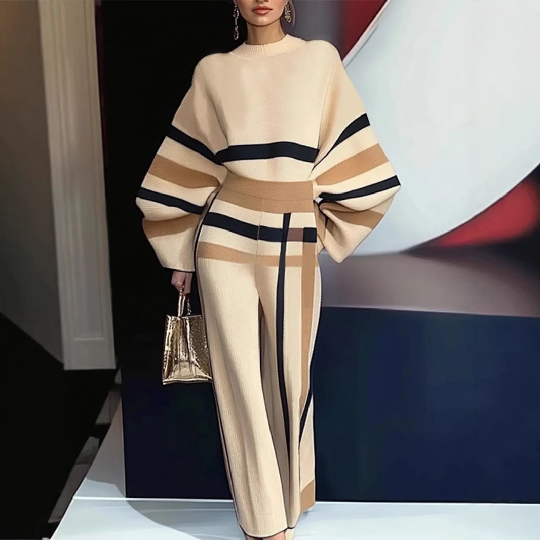 Color-block Crew Neck Women's Pullover Pants Fashion - Image 2