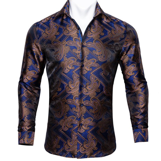 Barry.Wang Teal Paisley Floral Silk Shirts Men Autumn Long Sleeve Casual Flower Shirts For Men Designer Fit Dress Shirt BCY-05 - Image 6