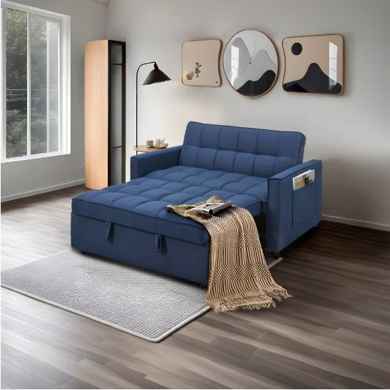 Stylish Blue Pull-Out Sofa Bed With Woven Polyester Fabric & Solid Wood Frame - Image 6