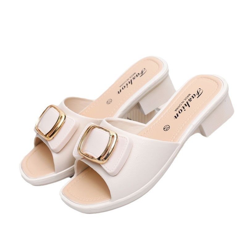 High Heel Slippers Women's 2024 Summer Slippers Korean Style Internet Celebrity Buckle Chunky Heel Lady Mom Slippers Outdoor Beach Shoes - Image 2